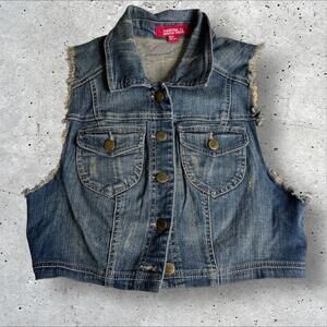 Forever‎ 21 Vintage Y2K Denim Distressed Button Up Vest Top Size M